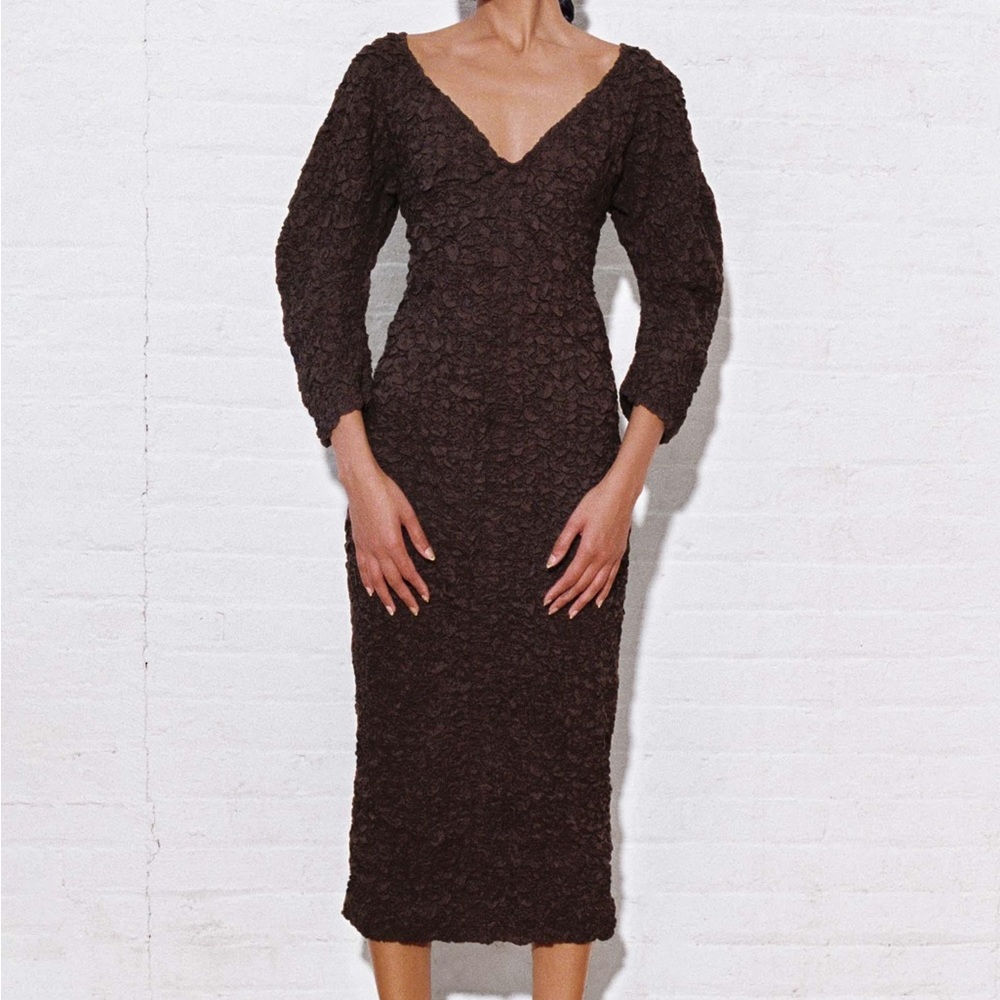 Mara Hoffman Textured Chocolate Brown V-Neck Long Sleeve Midi Dress